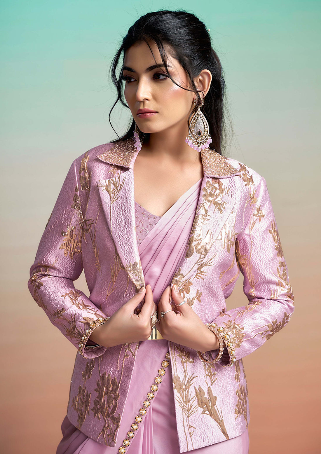 Lavender Lustrous Satin Silk Embroidery Ready to Wear Saree