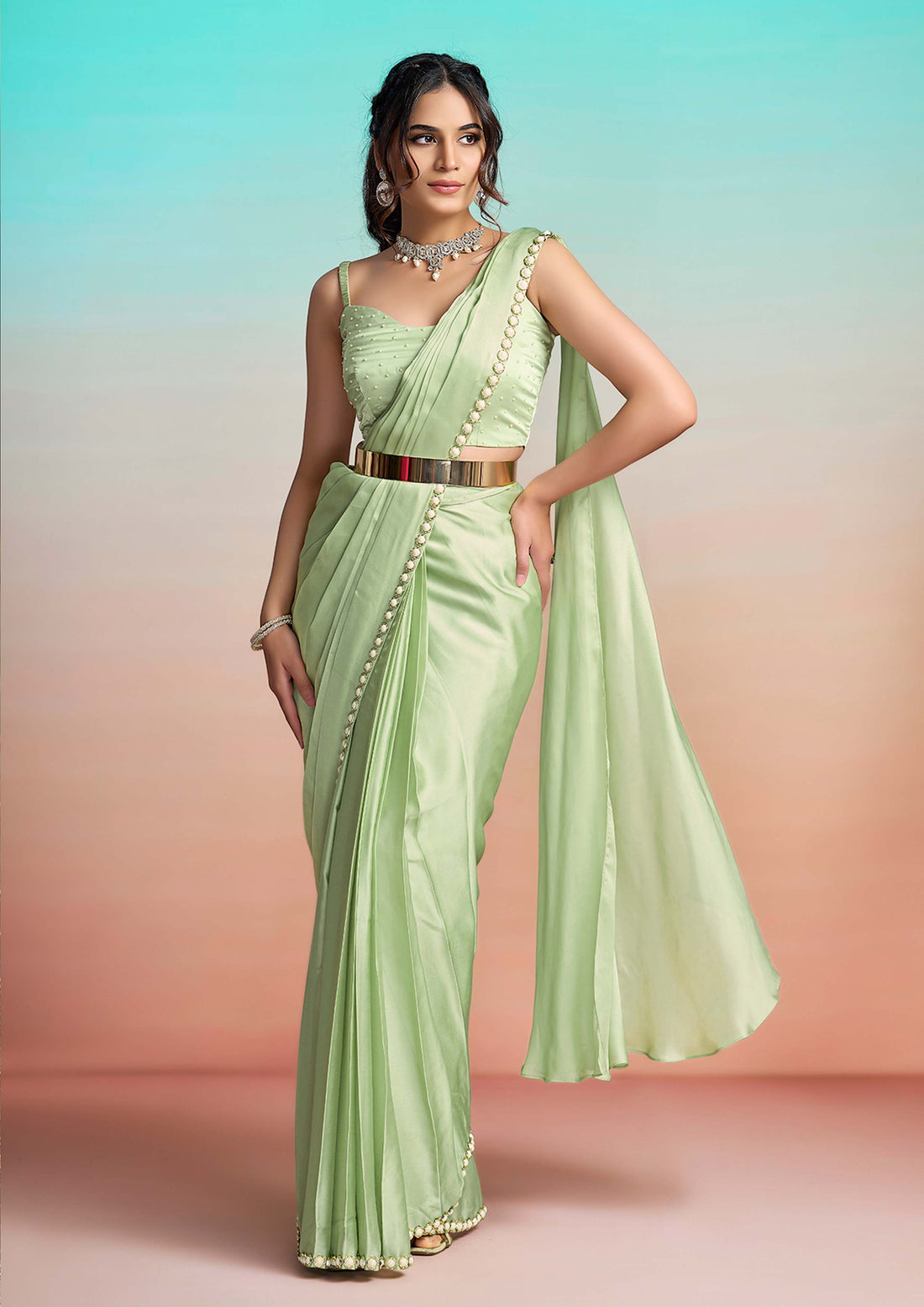Pista Green Lustrous Satin Silk Embellished Pearl Ready to Wear Saree