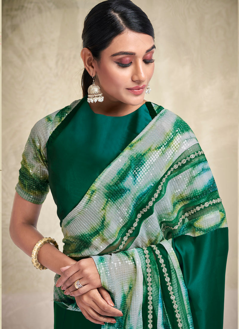Green Satin Crepe Embroidery Work Saree