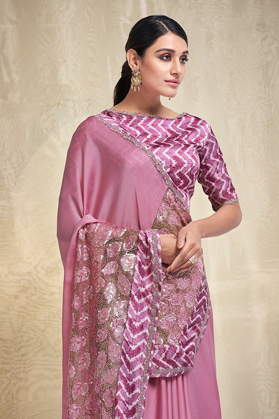 Pink Crepe Georgette Embroidery Saree