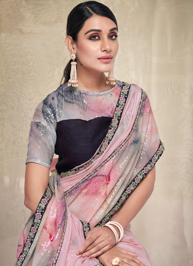 Pink Crepe Georgette Embroidery Work Saree