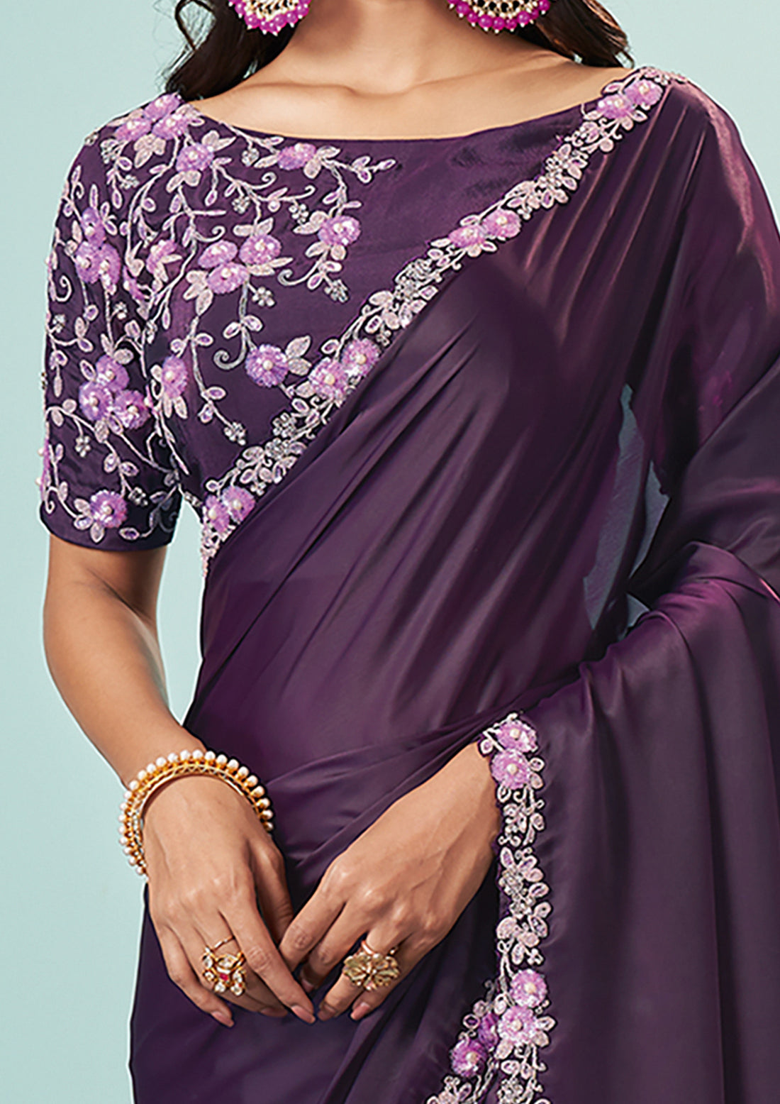 Dark Purple Embroidery Crepe Silk Saree