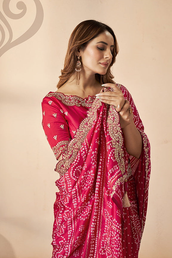 Red Gajji Silk Bandhani Saree with Unstitched Blouse