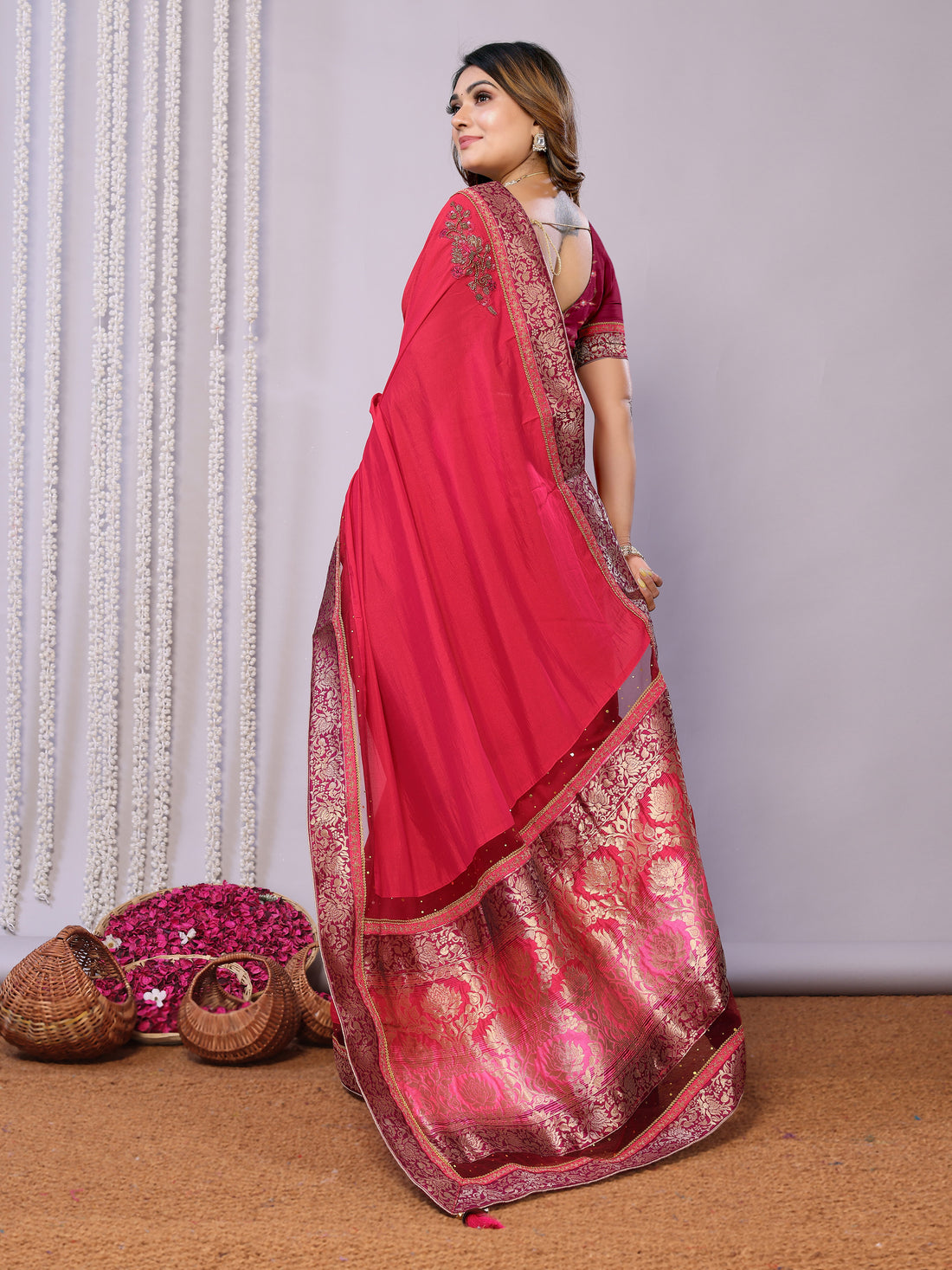 Rani Dual Tone Silk Georgette Embroidery Saree