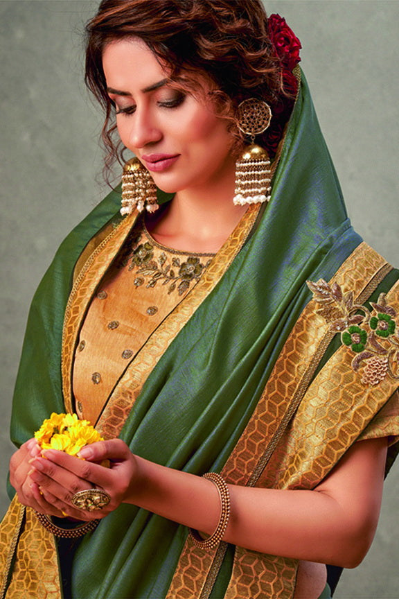 Olive Tusser Silk Embroidered Saree
