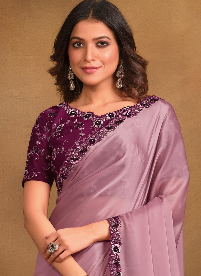 Pink Satin Silk Embroidery Designer Saree