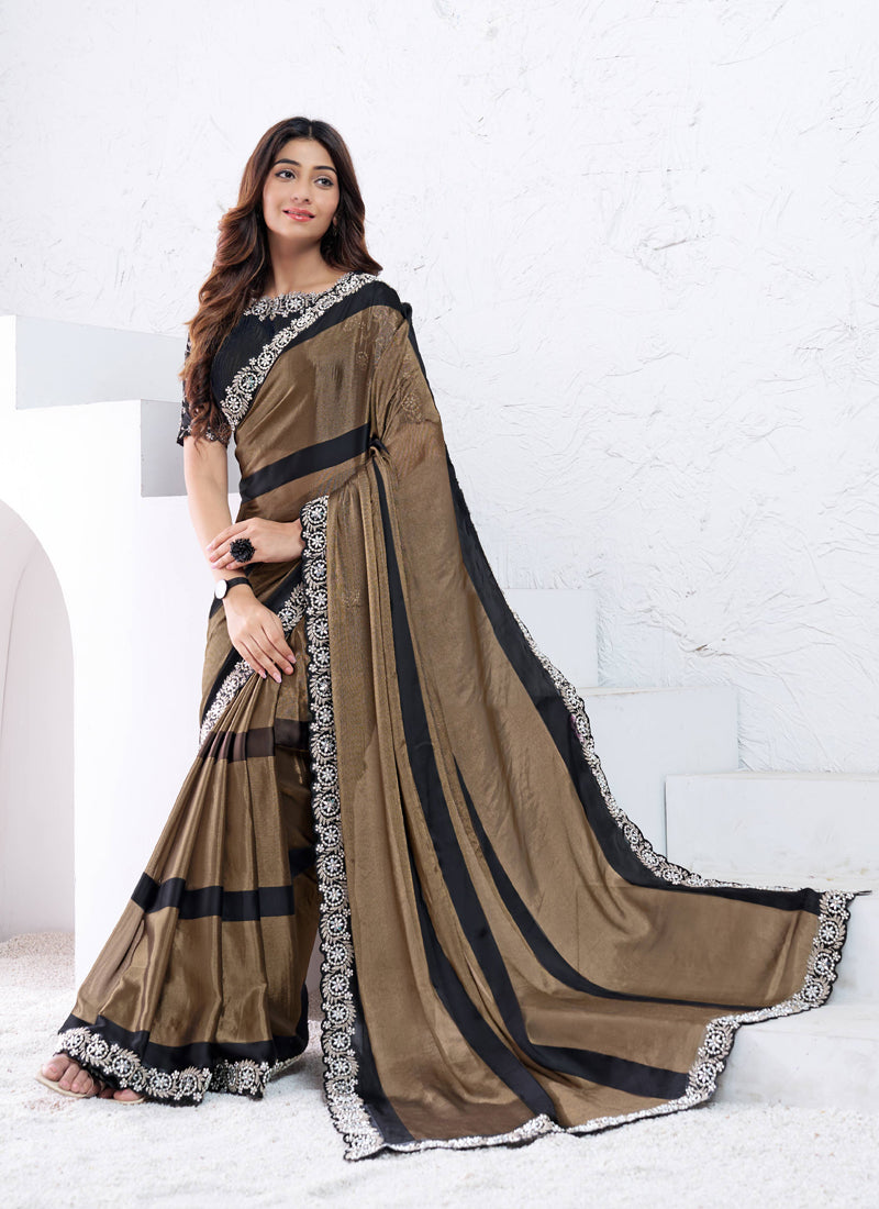 Brown Georgette Moti Real Mirror work Saree