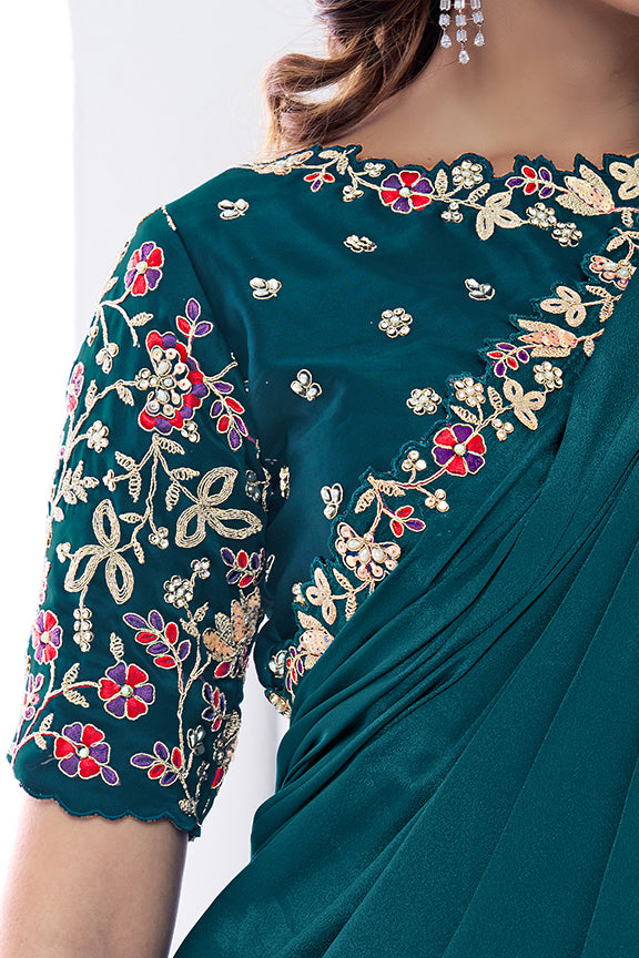 Teal Pure Crepe Silk Dual Sequence with hand work Saree