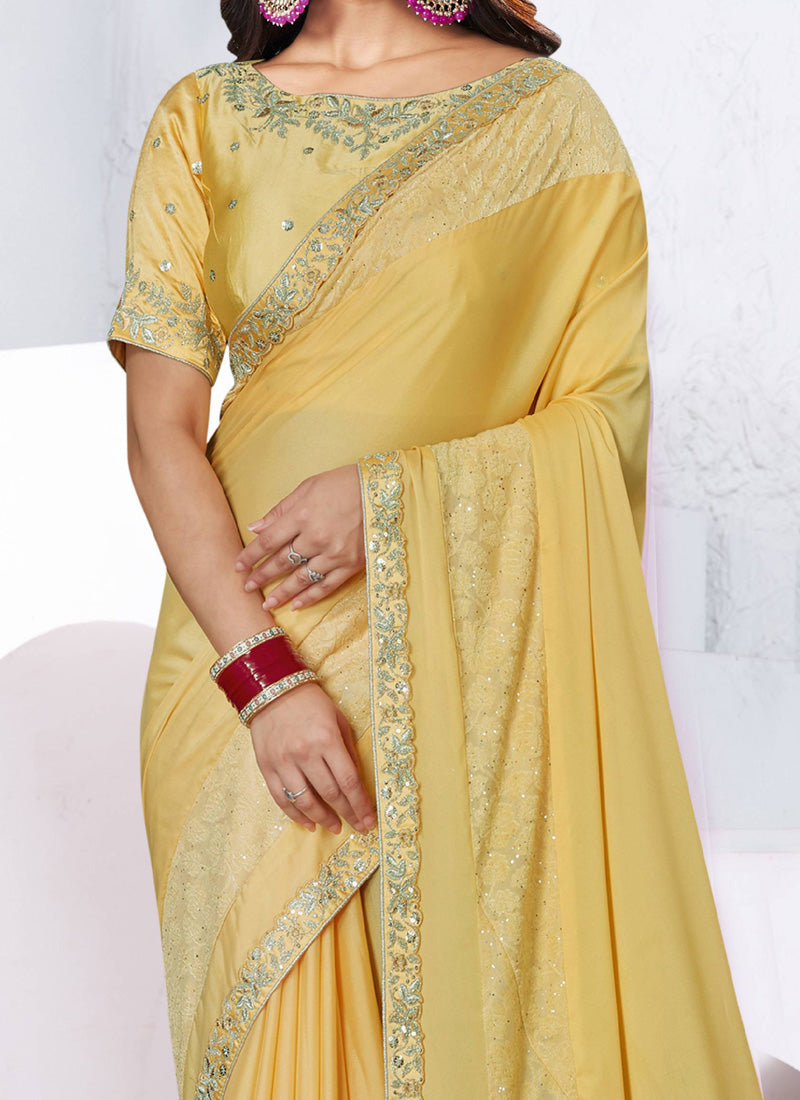 Yellow Silk Georgette Cord Embroidery Saree