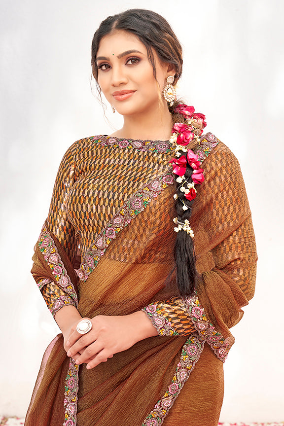 Rust Crepe Shimmer Silk Handwork  Saree