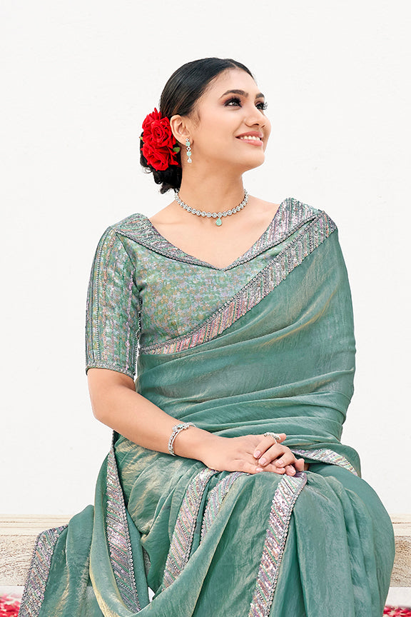 Sea Green Two Tone Satin Silk Handwork  Saree