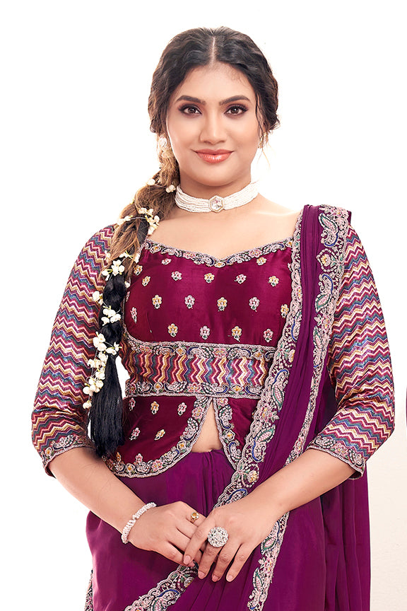 Wine Pure Crepe Silk Handwork  Saree