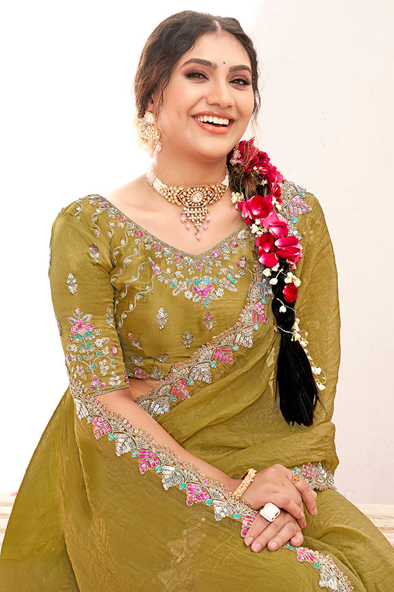 Musterd Shimmer Chiffon Handwork Saree
