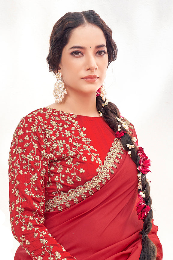 Red Crepe Satin Silk Handwork Saree