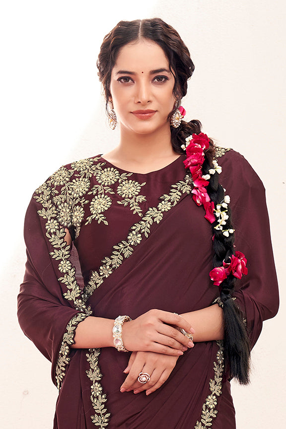 Wine Pure Crepe Silk Handwork Saree