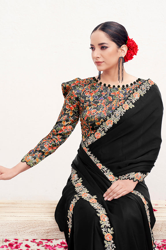 Black Crepe Satin Silk Handwork Saree