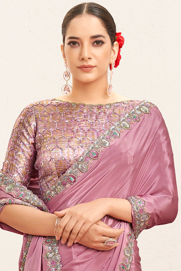 Pink Pure Crepe Silk Handwork Saree