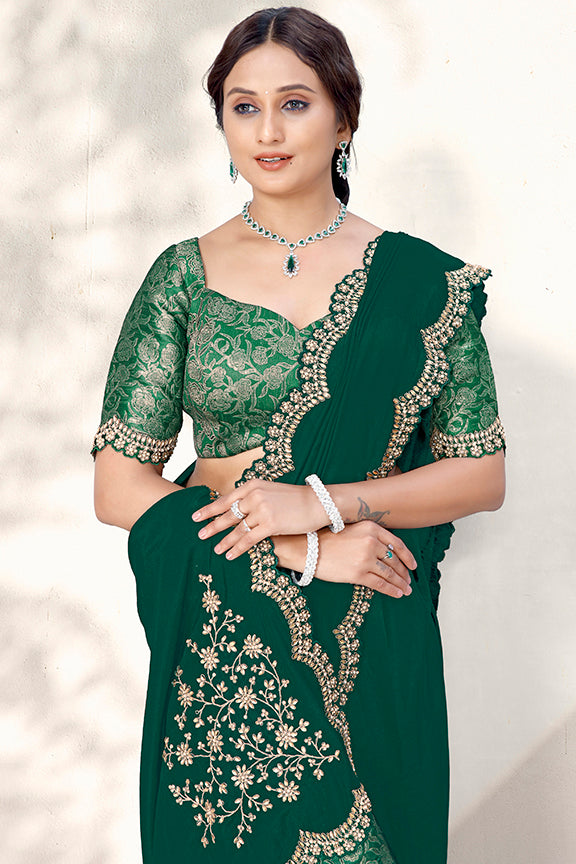 Green Pure Crepe Silk Embroidered Saree