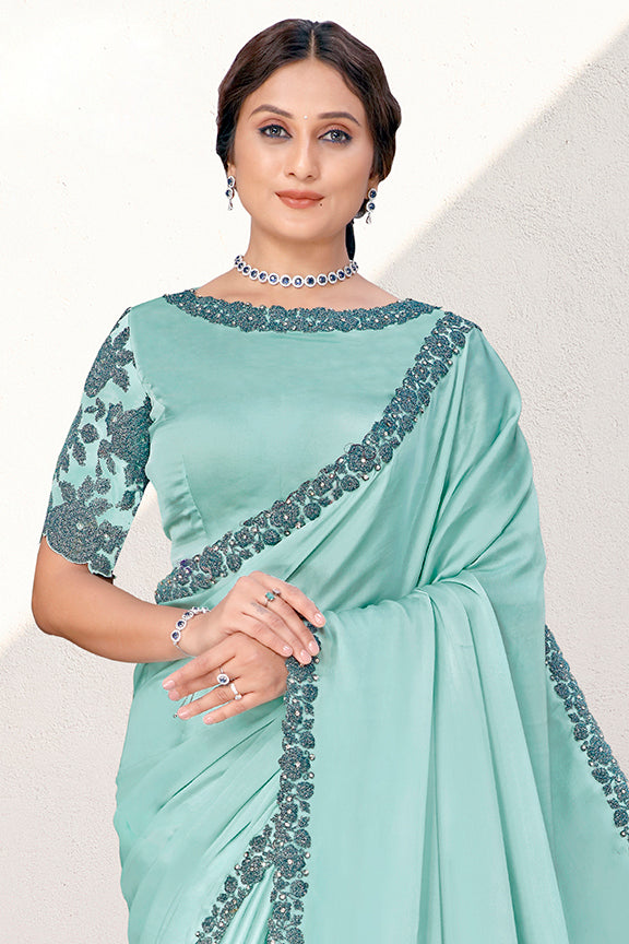 Firoji Pure Satin Silk Embroidery Saree