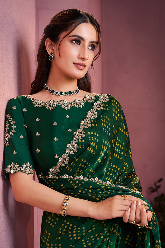Green Two Tone Satin Silk Stone Handwork Saree