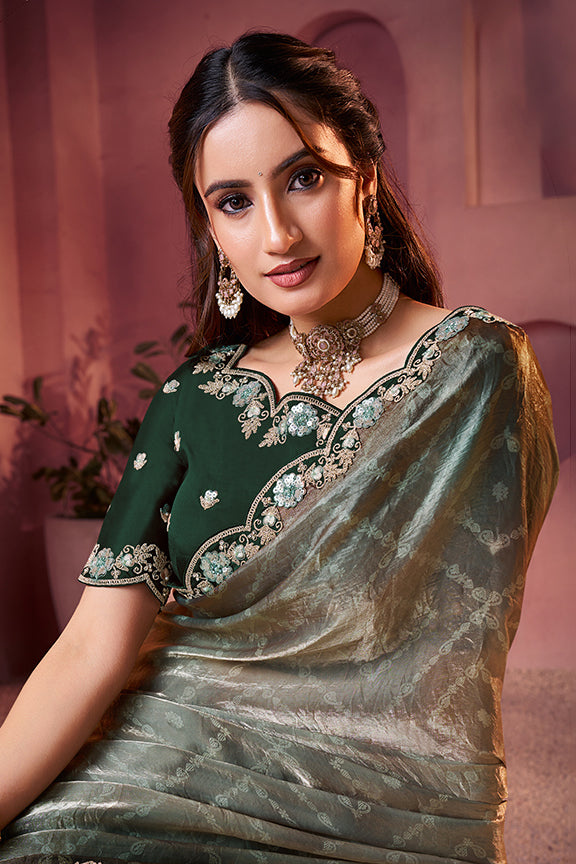 Peacock Two Tone Satin Silk Handwork Saree