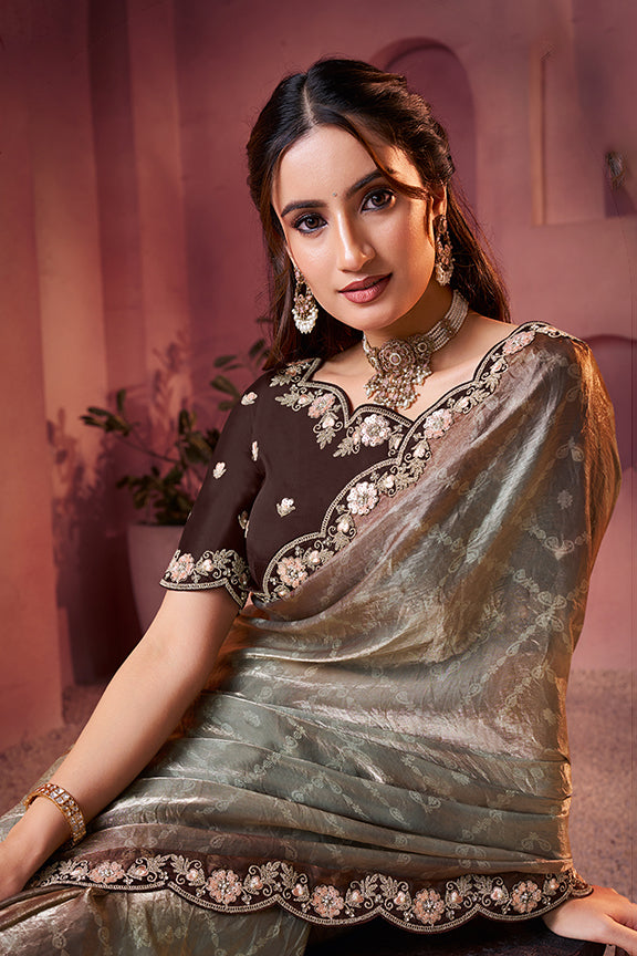 Copper Two Tone Satin Silk Handwork Saree