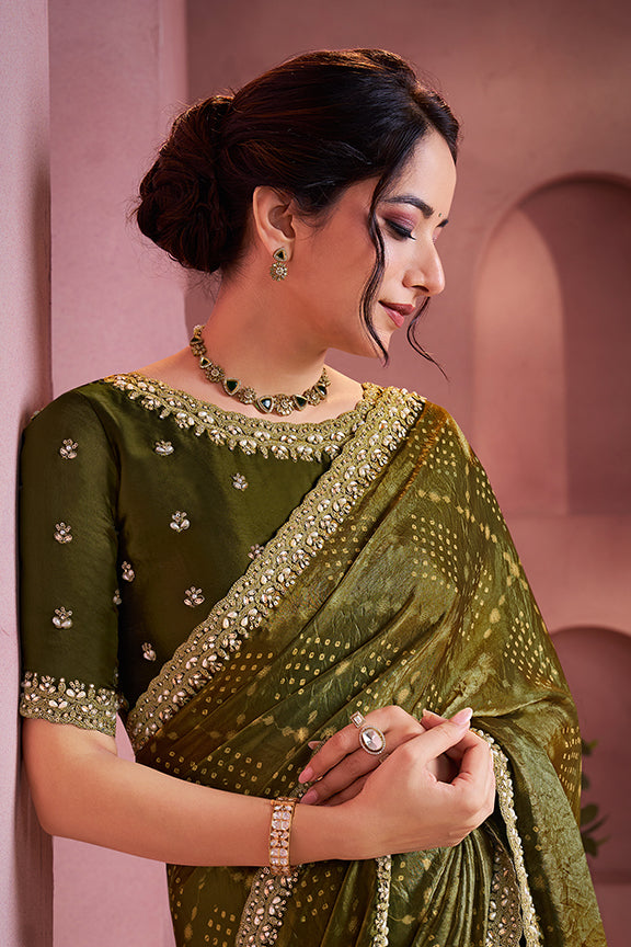 Olive Green Two Tone Satin Silk Handwork Saree