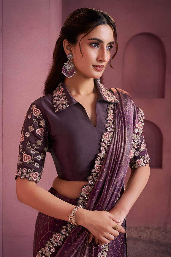 Wine Two Tone Satin Silk Handwork Saree