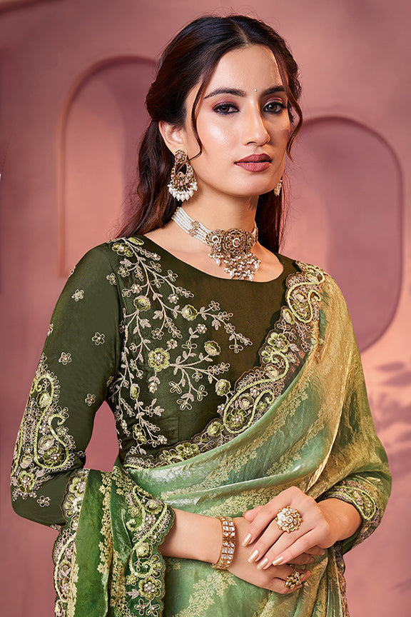 Green Two Tone Satin Silk Handwork Saree