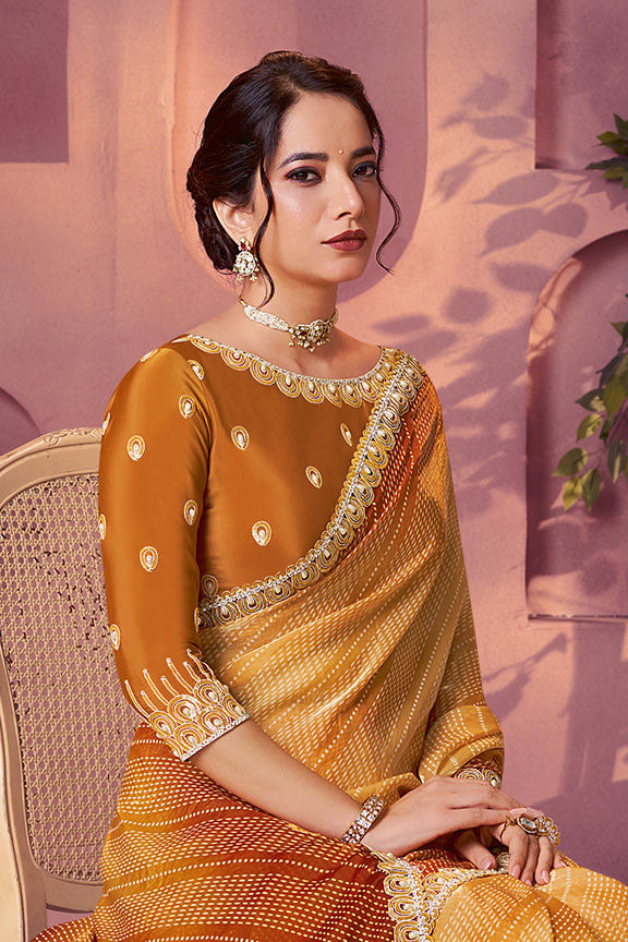 Yellow Two Tone Satin Silk Handwork Saree