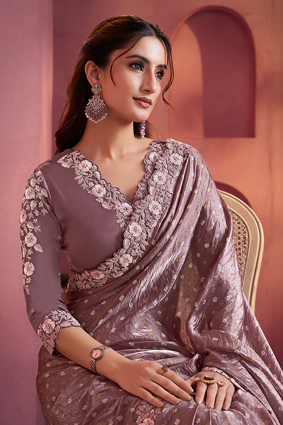 Lavender Two Tone Satin Silk Handwork Saree