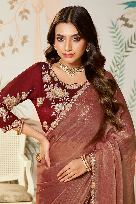 Ginger Moss Satin Silk Organza Handwork Saree