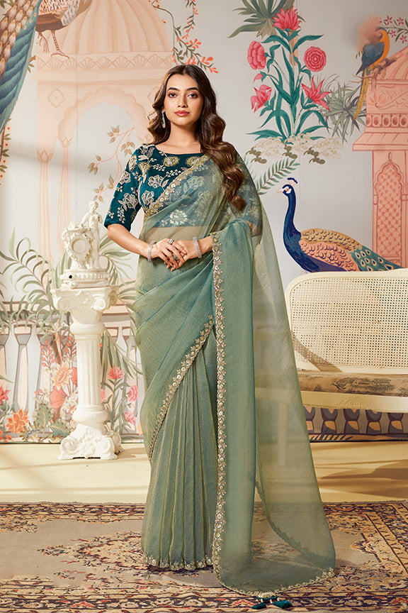 Pista Green Zari Organza Silk Emboriodery Work Saree