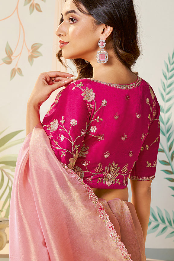 Pink Zari Organza Silk Applique Work Saree