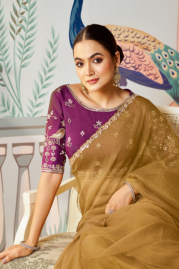 Yellow Satin Organza Silk Embriodery With Stone Work Saree