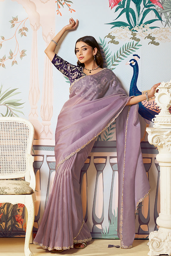 Lavender Zari Organza Silk Handwork Saree