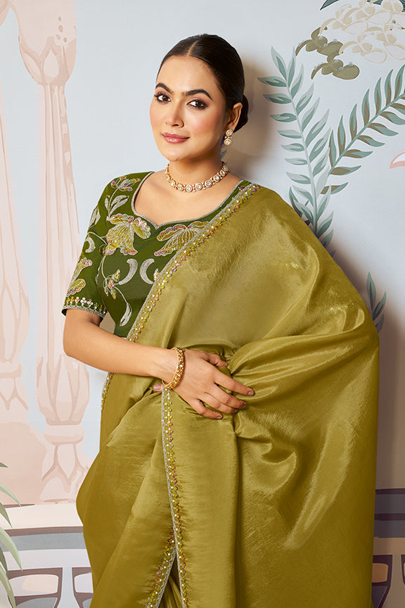 Green Satin Silk Embriodery with Applique Work Saree