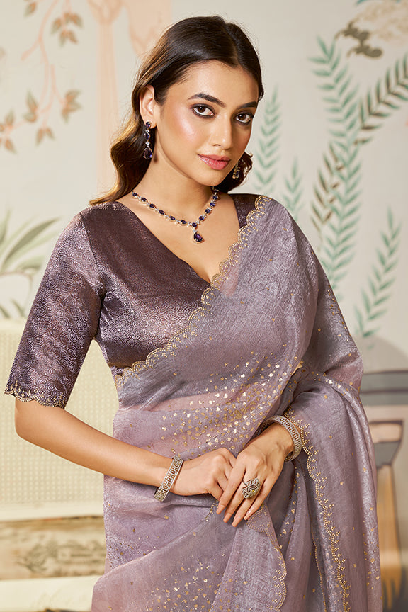 Purple Satin Organza Swarovski Stone Work Saree