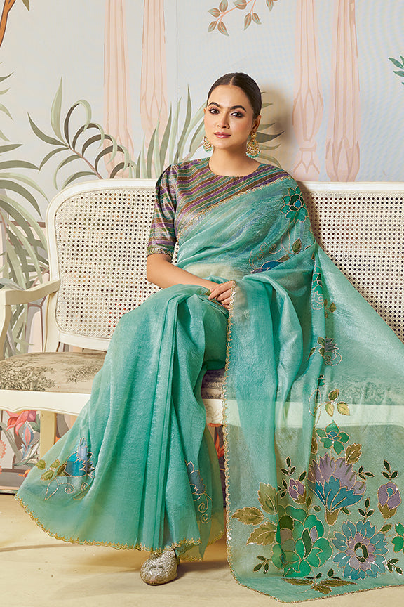 Green Satin Organza Silk Swarovski Hand Work Saree