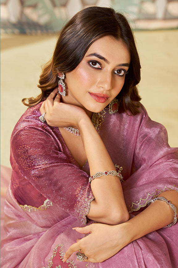 Pink Satin Organza Diamond Swarovski Work Saree
