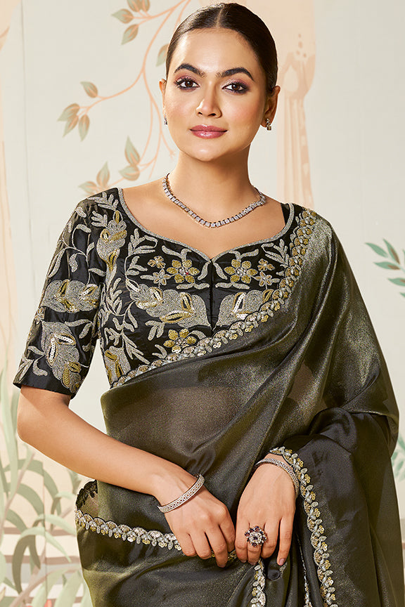 Black Zari Organza Silk Dual Sequence Embriodery Saree