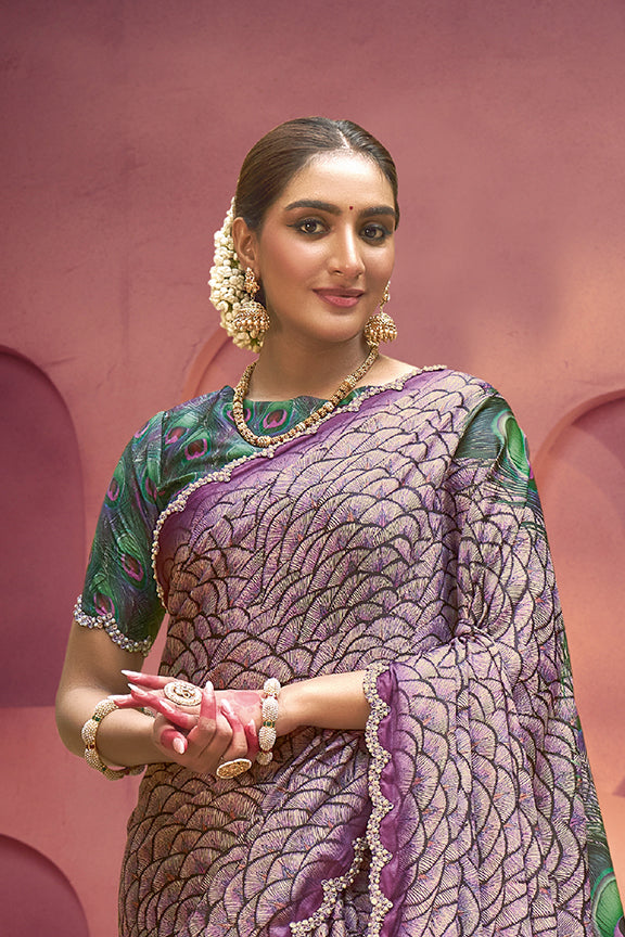 Purple Gajji Silk Diamond With Handork Saree