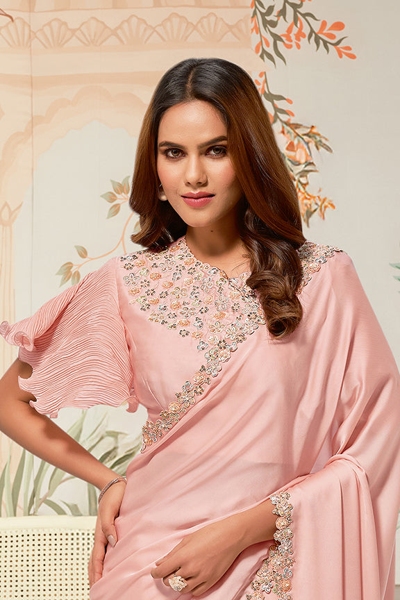 Peach Crepe Satin Silk Handwork Saree