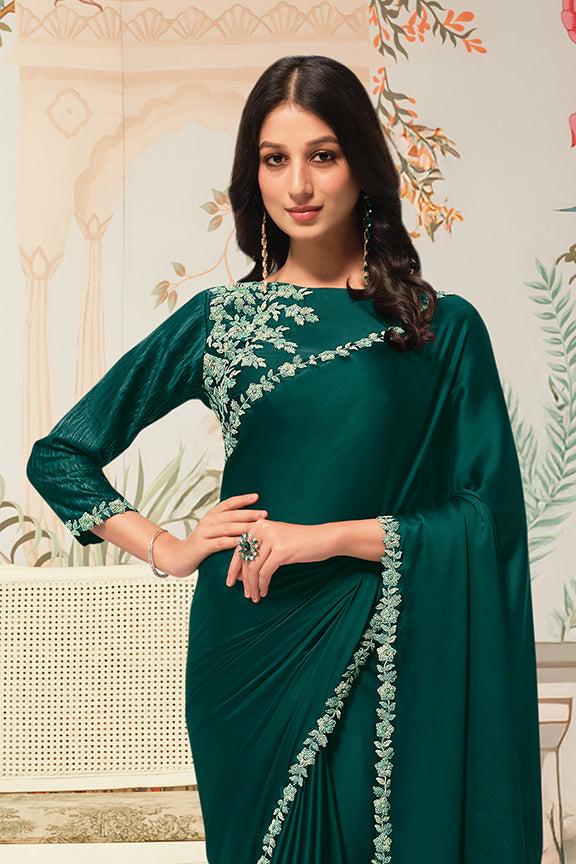 Green Crepe Satin Silk Handwork Saree
