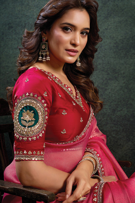 Red Zari Organza Silk Sequins Embroidery Saree