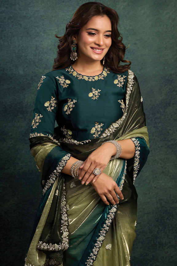 Green Two Tone Satin Silk Embroidery Saree