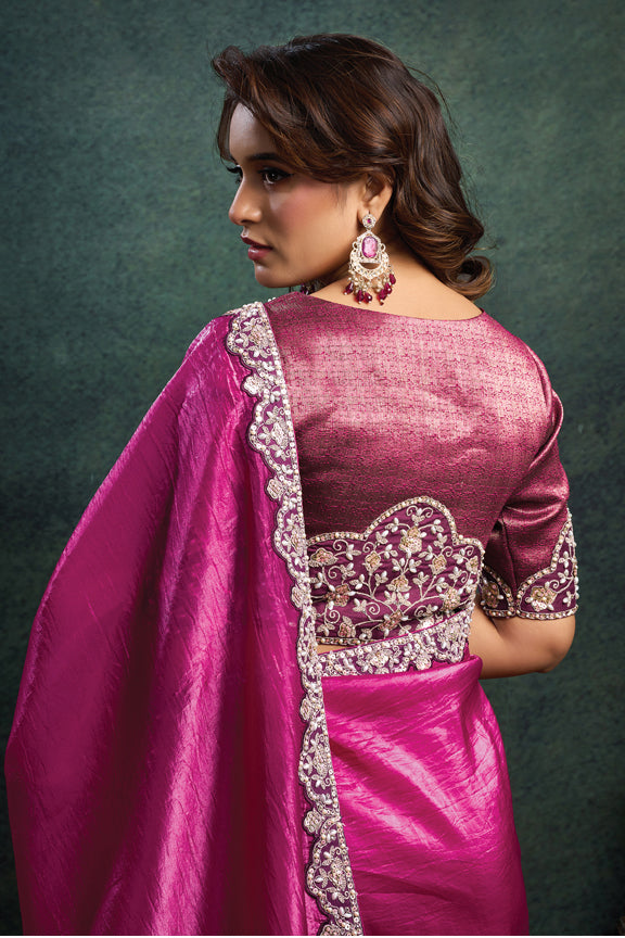 Rani Crush Satin Silk Handwork Saree