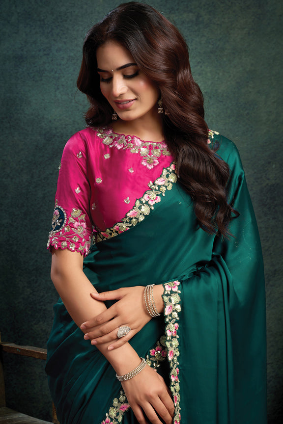 Peacock Green Satin Silk Embroidery Saree