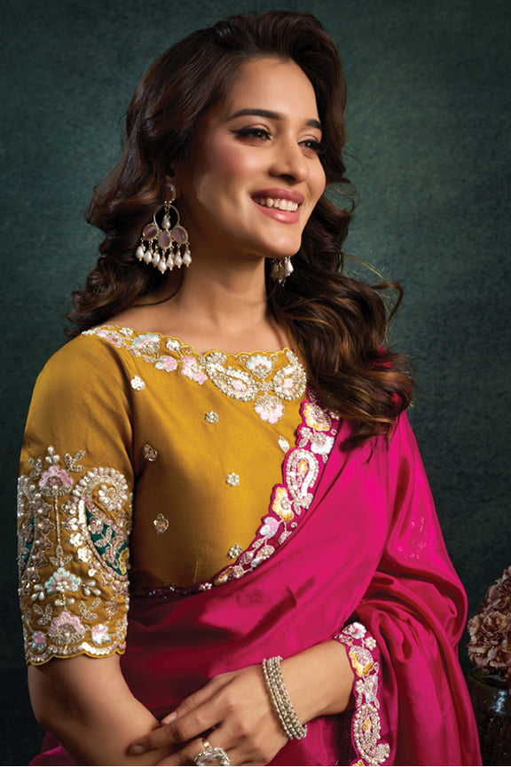 Rani Satin Silk Thread Motif Embroidery Saree