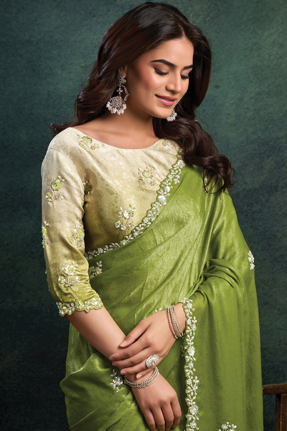 Green Two Tone Satin Silk Embroidered Saree